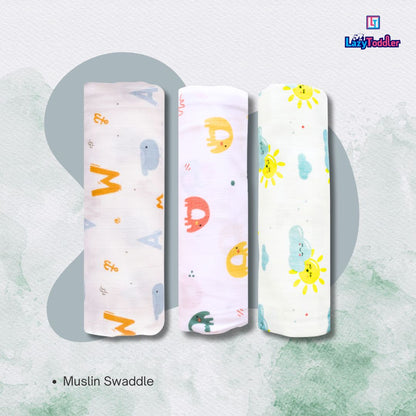 Lazytoddler Muslin Swaddle (Sun , Elephant , Alphabet) – Set of 3