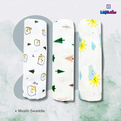 Lazytoddler Muslin Swaddle (Teddy , Tree , Sun) – Set of 3