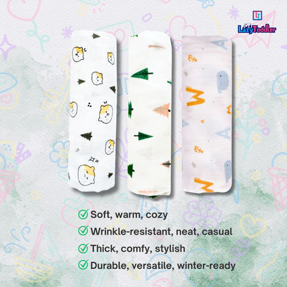 Lazytoddler Muslin Swaddle (Teddy , Tree , Alphabet) – Set of 3