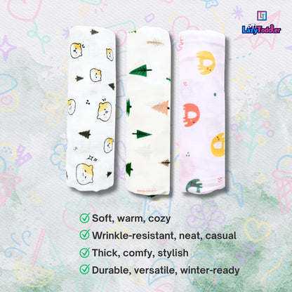 Lazytoddler Muslin Swaddle (Teddy , Tree , Elephant) – Set of 3
