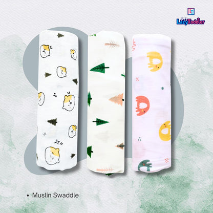 Lazytoddler Muslin Swaddle (Teddy , Tree , Elephant) – Set of 3