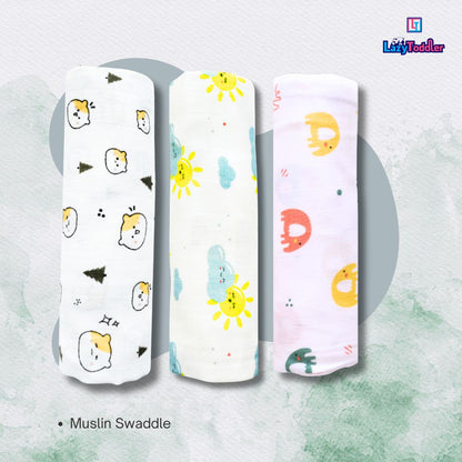 Lazytoddler Muslin Swaddle (Teddy , Sun , Elephant) – Set of 3