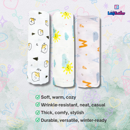 Lazytoddler Muslin Swaddle (Teddy , Sun , Alphabet) – Set of 3