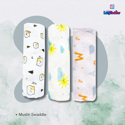 Lazytoddler Muslin Swaddle (Teddy , Sun , Alphabet) – Set of 3