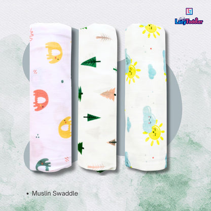 Lazytoddler Muslin Swaddle (Tree , Sun , Elephant) – Set of 3