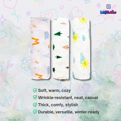 Lazytoddler Muslin Swaddle (Tree , Sun , Alphabet) – Set of 3