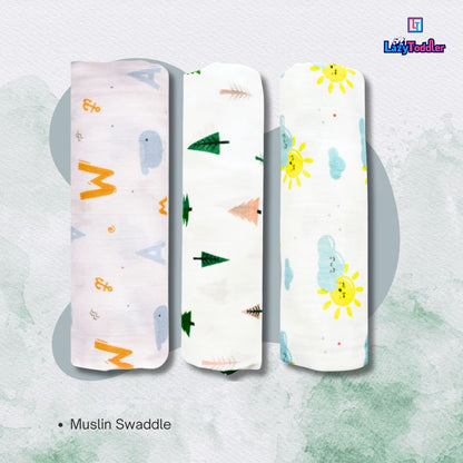 Lazytoddler Muslin Swaddle (Tree , Sun , Alphabet) – Set of 3