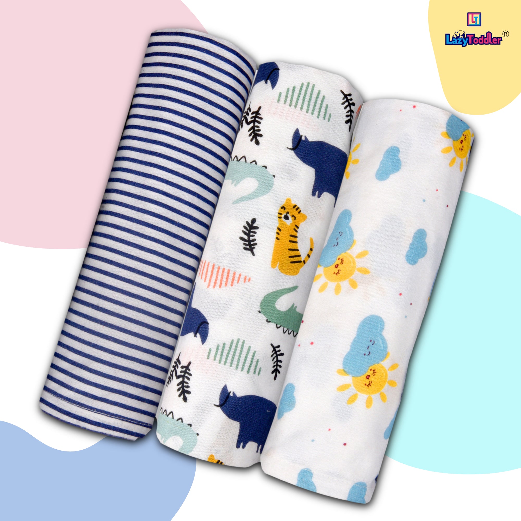 Flannel Swaddle Set of 3 Blue Line Rhino Sun Lazytoddler