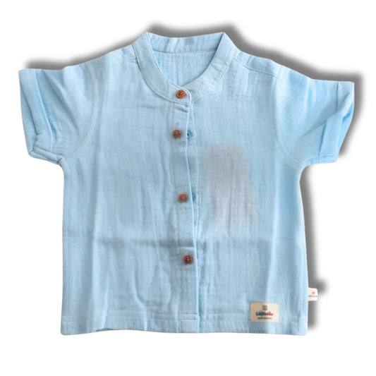 LazyToddler Crinkle Muslin Half Shirt – Soft & Breathable Cotton (Pastel Blue)