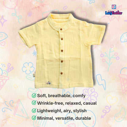 LazyToddler Crinkle Muslin Half Shirt – Soft & Breathable Cotton (Pastel Yellow)