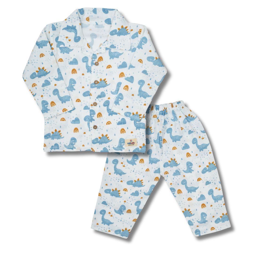 Premium Muslin Western Collar Co-ord Set (Blue Dino)  Full Shirt & Pant (Copy)