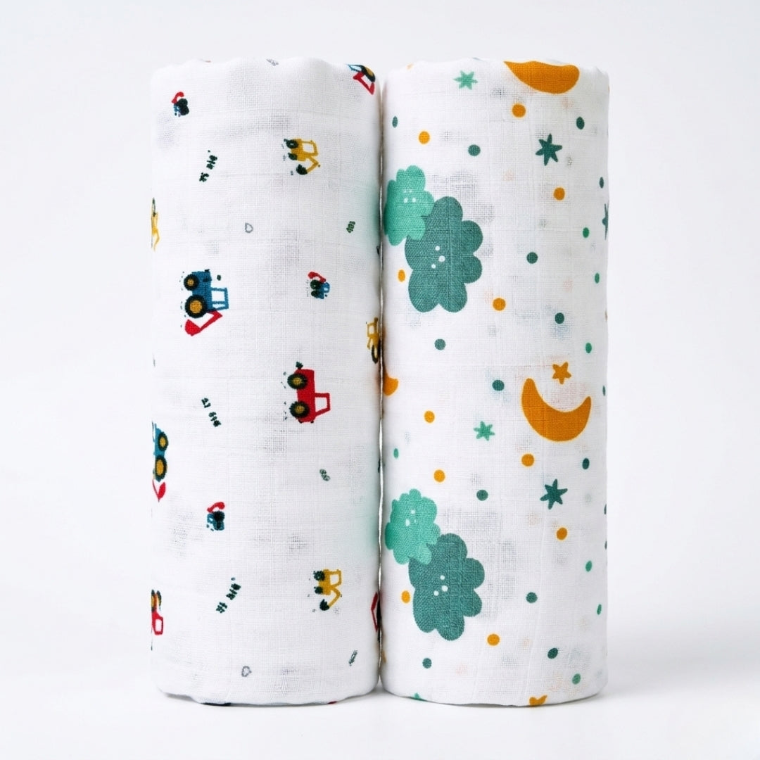 LazyToddler muslin swaddle blankets set of 2 in Crane and Cloud prints laid flat