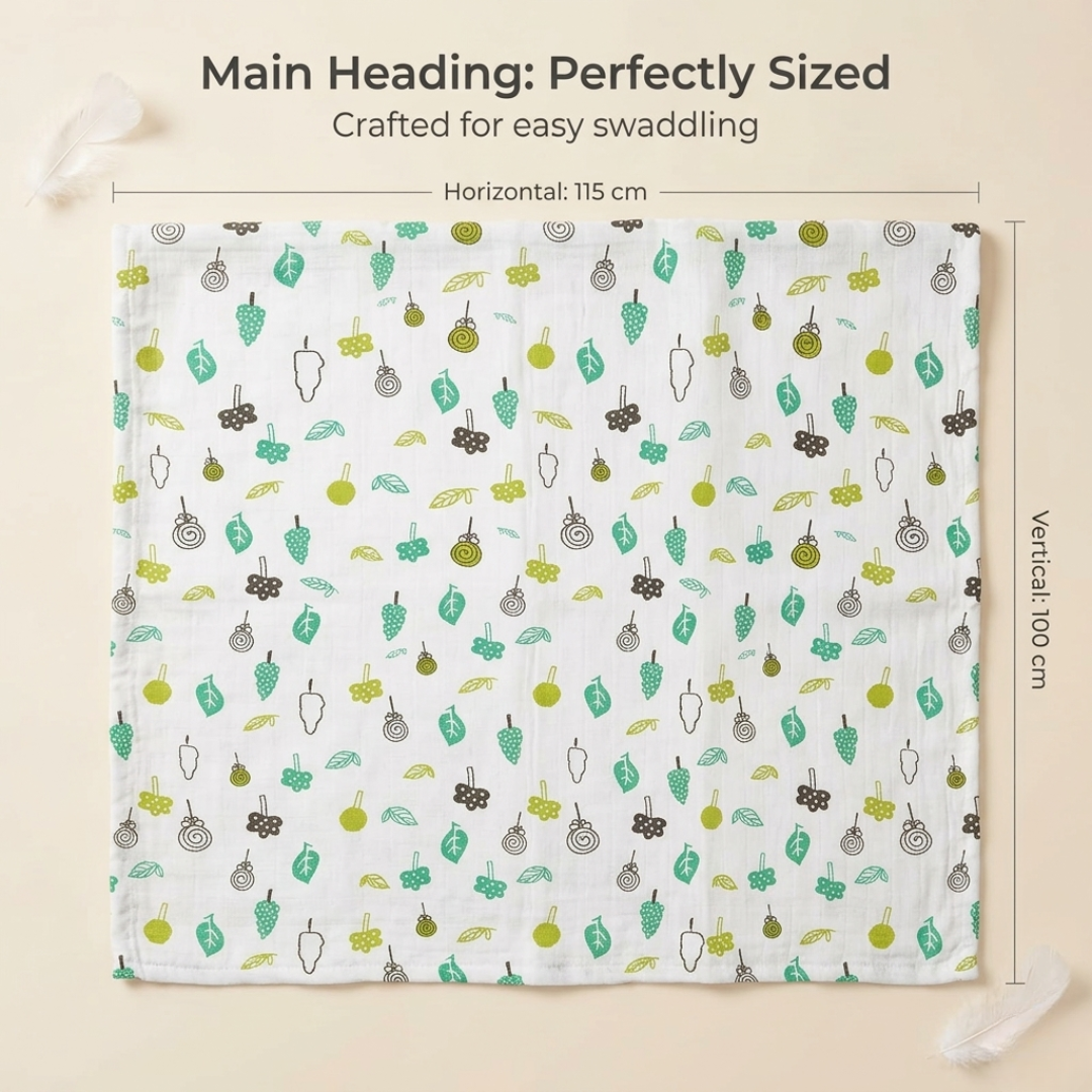 Newborn wrapped in soft Leaf print muslin swaddle cloth by LazyToddler