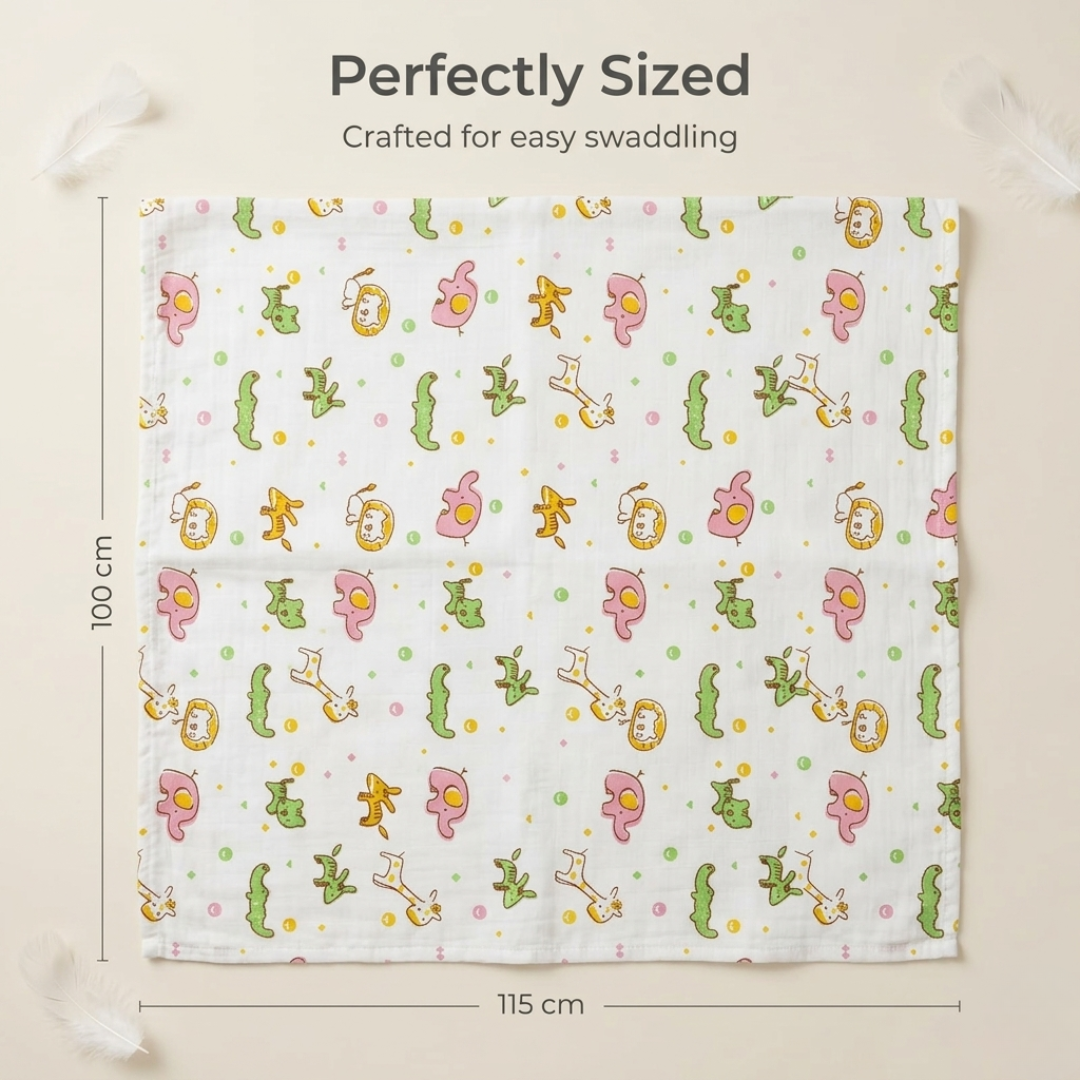 Folded stack of three muslin swaddle blankets in Giraffe, Elephant and Blue Dino designs