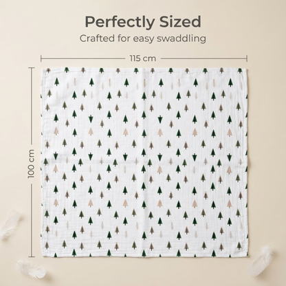 Baby blanket with tree pattern and measurements on a beige background