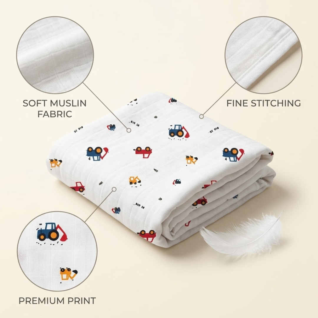 Folded stack of three muslin swaddle cloths in Elephant, Leaf and Crane designs
