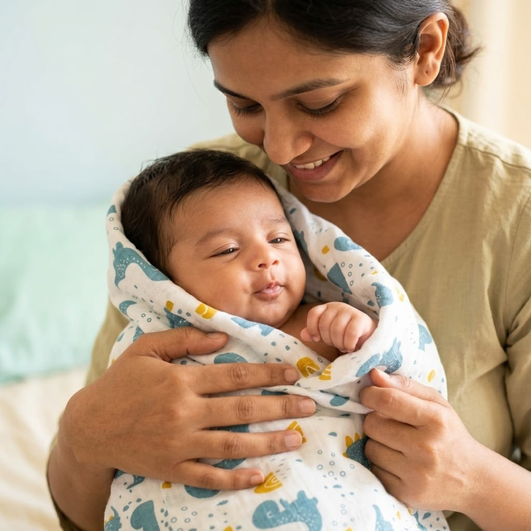 Close-up of breathable muslin swaddle weave soft on newborn skin