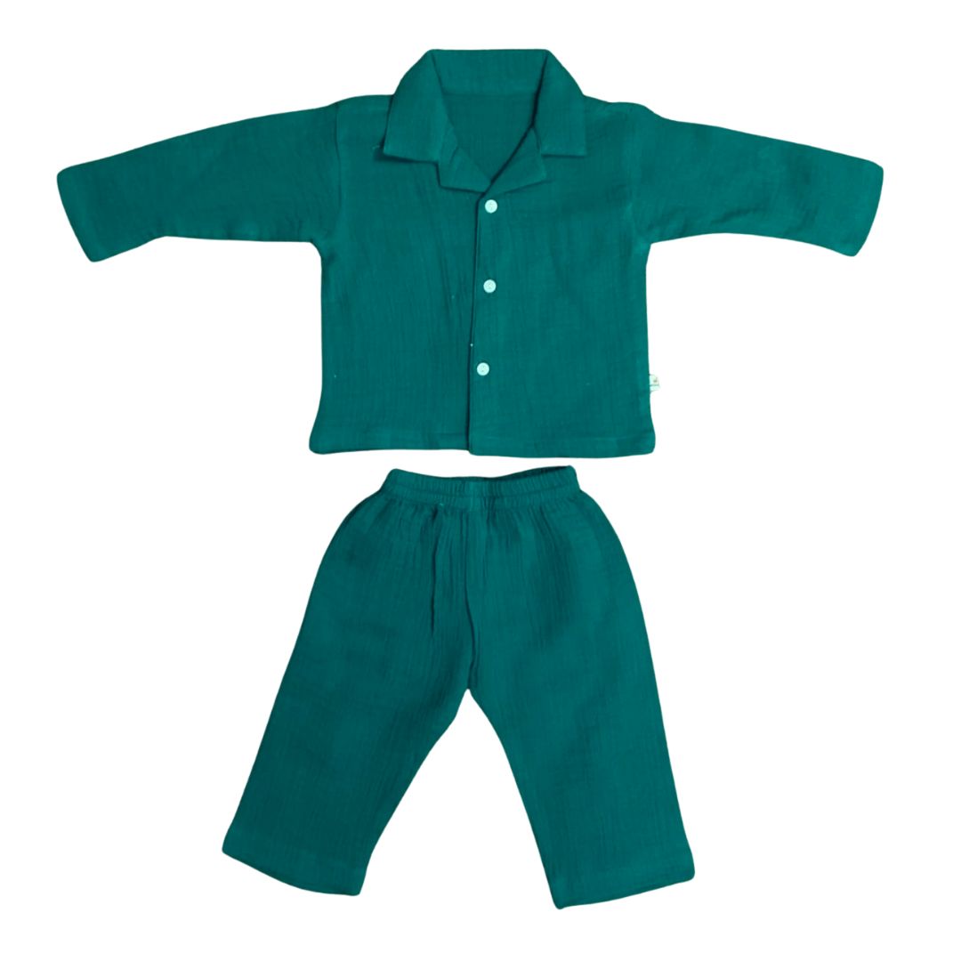 Crinkled Muslin Full Night Suit Premium Open Collar