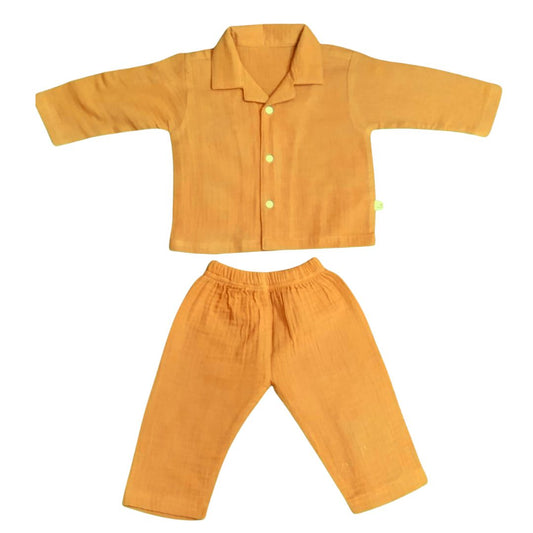 Crinkled Muslin Full Night Suit Premium Open Collar