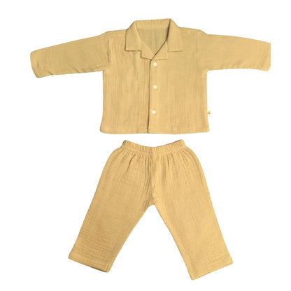 Crinkled Muslin Full Night Suit Premium Open Collar