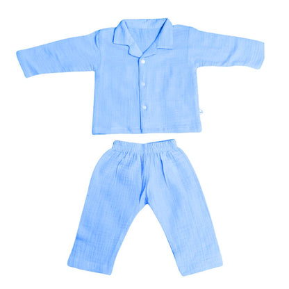 Crinkled Muslin Full Night Suit Premium Open Collar