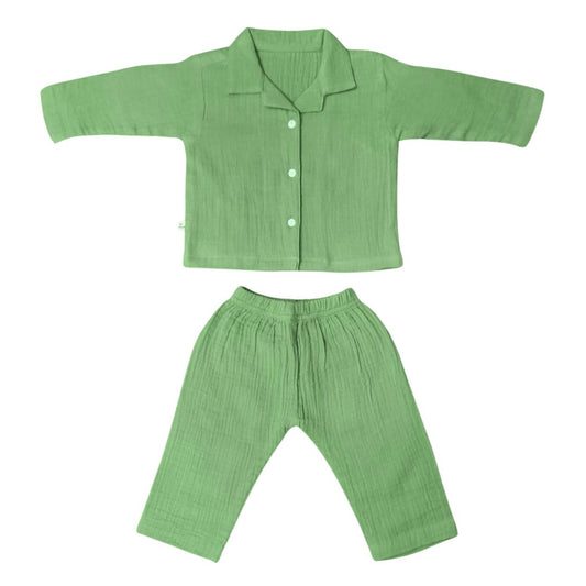 Crinkled Muslin Full Night Suit Premium Open Collar