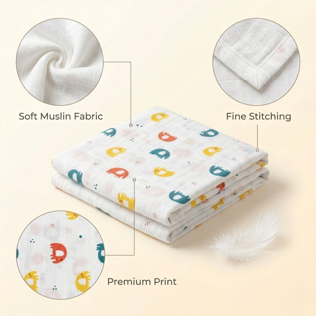 Stack of soft muslin fabric with colorful prints on a light background, highlighting softness, stitching, and print quality.