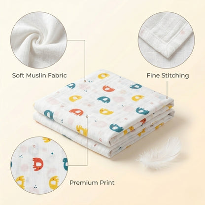 Stack of soft muslin fabric with colorful prints on a light background, highlighting softness, stitching, and print quality.