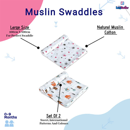 Muslin Swaddle Wrap Set Of 2 - Fox & Pink Star