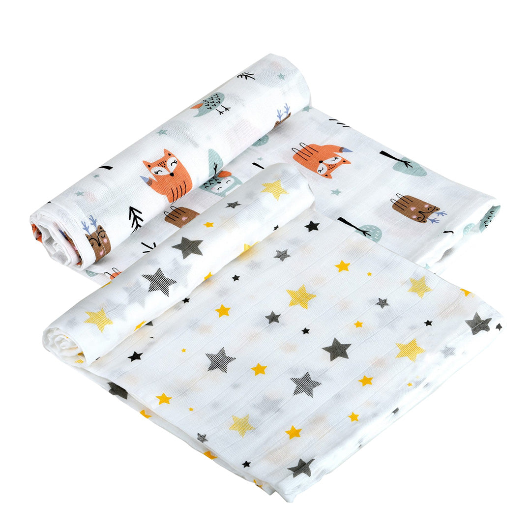 Muslin Swaddle Wrap Set Of 2 - Fox & Yellow Star