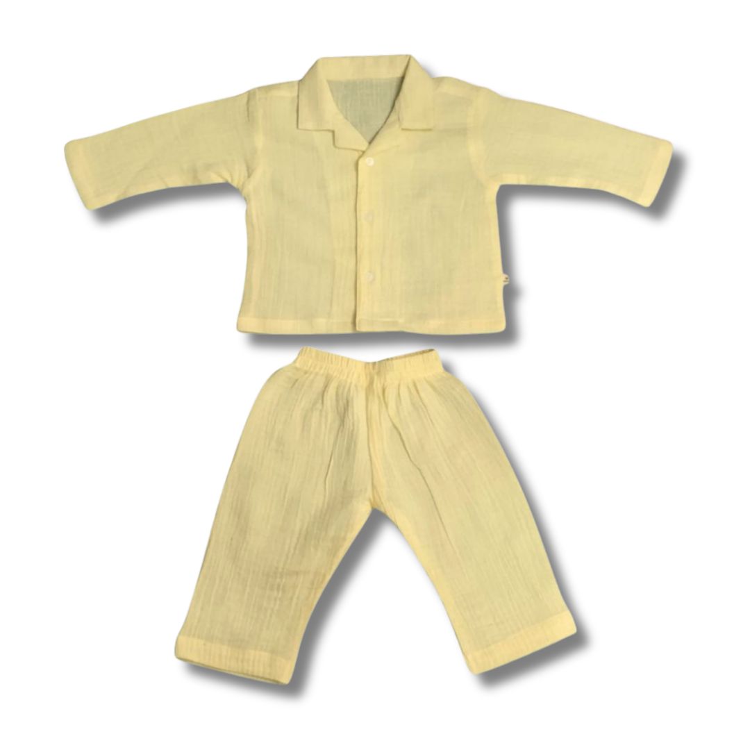 Crinkled Muslin Full Night Suit Premium Open Collar