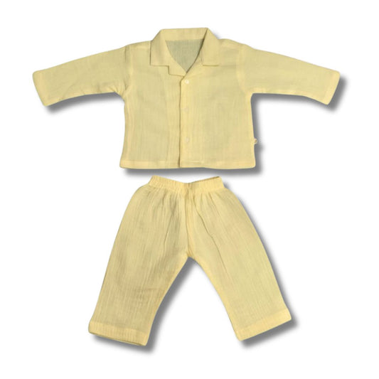 Crinkled Muslin Full Night Suit Premium Open Collar