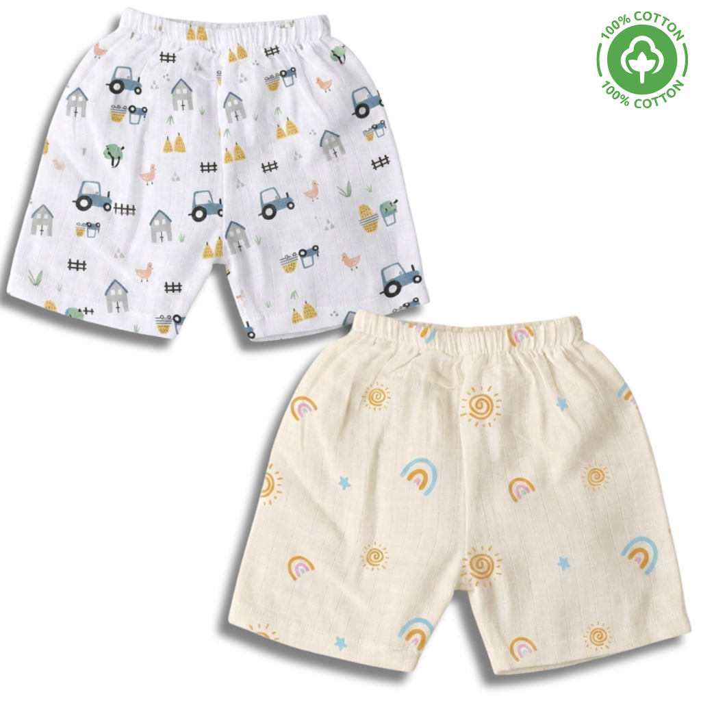 LazyToddler muslin baby shorts back view showing the print design details of the Farmhouse and Sun prints from behind.