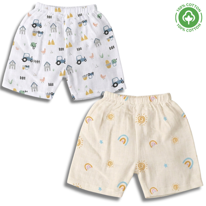 LazyToddler muslin baby shorts back view showing the print design details of the Farmhouse and Sun prints from behind.