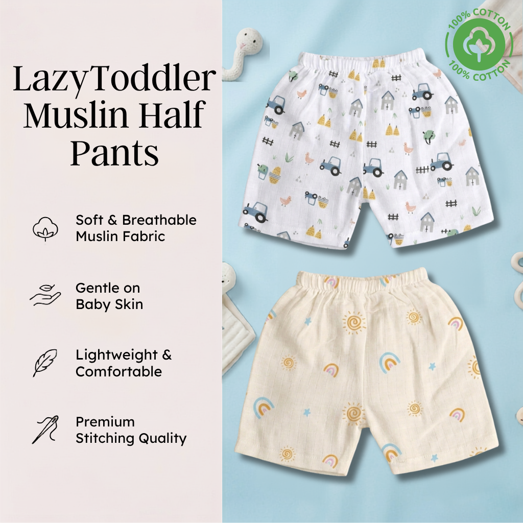 LazyToddler muslin baby shorts infographic for the Farmhouse and Sun prints, showing breathable muslin fabric, gentle-on-skin, lightweight fabric and stitching-quality icons.