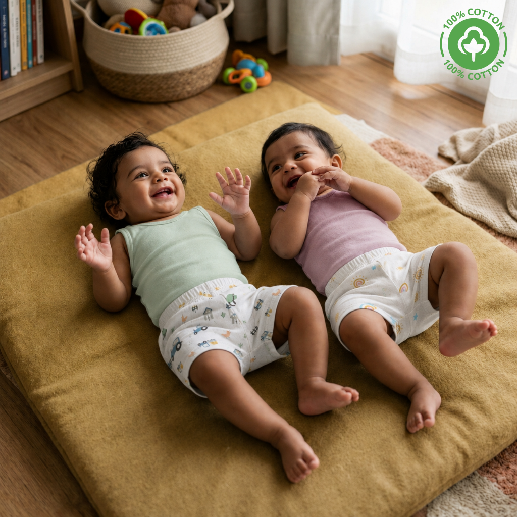 LazyToddler muslin baby shorts lifestyle scene showing two babies lying on a play mat wearing the Farmhouse and Sun print shorts.