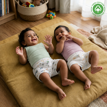 LazyToddler muslin baby shorts lifestyle scene showing two babies lying on a play mat wearing the Farmhouse and Sun print shorts.