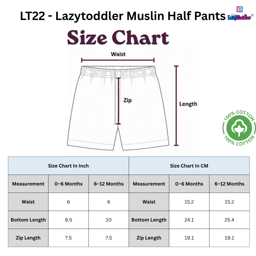 LazyToddler muslin baby shorts size chart for the Farmhouse and Sun prints, showing sizing information to help parents pick the correct fit.