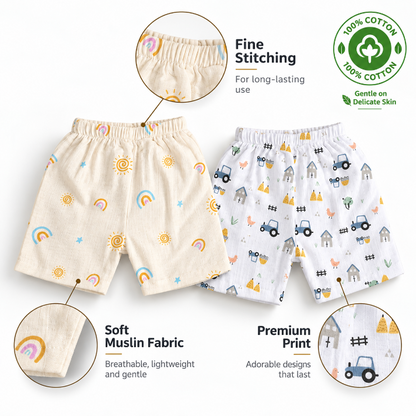 LazyToddler muslin cotton baby shorts with soft breathable fabric and quality stitching