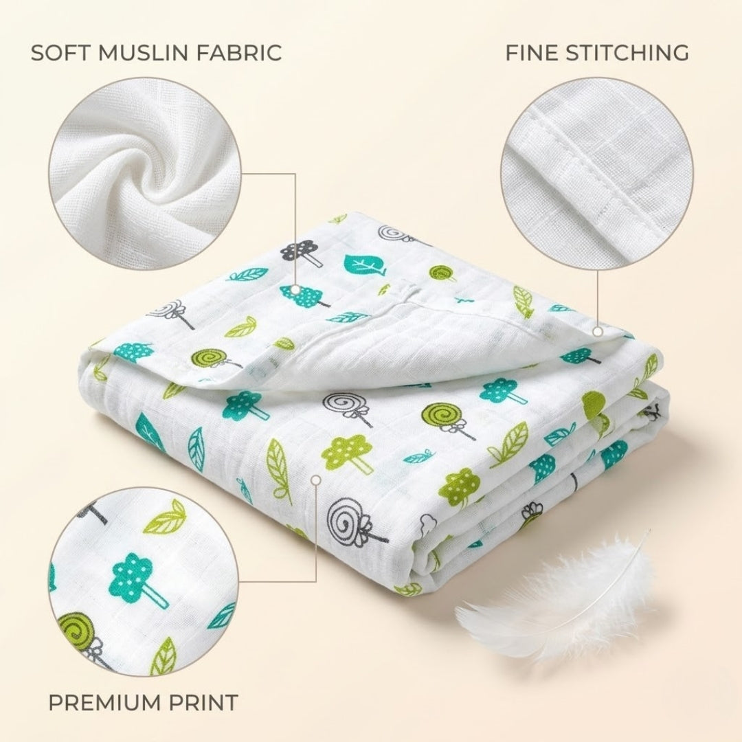 Baby swaddle blanket with green and blue patterns on a beige background, showing soft muslin fabric, fine stitching, and premium print details.