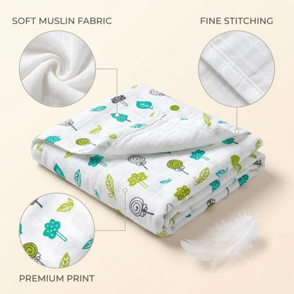Baby swaddle blanket with green and blue patterns on a beige background, showing soft muslin fabric, fine stitching, and premium print details.