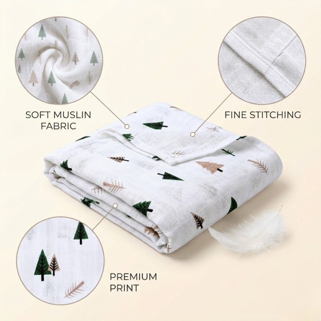 Folded blanket with tree pattern, labeled 'Soft Muslin Fabric', 'Fine Stitching', and 'Premium Print' on a beige background.