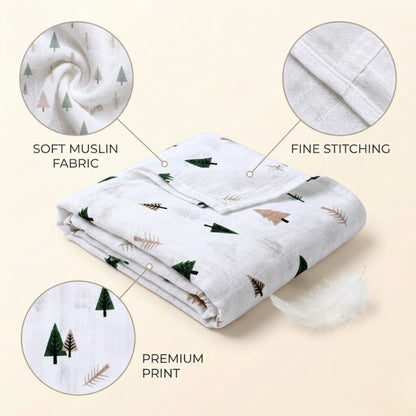 Folded blanket with tree pattern, labeled 'Soft Muslin Fabric', 'Fine Stitching', and 'Premium Print' on a beige background.