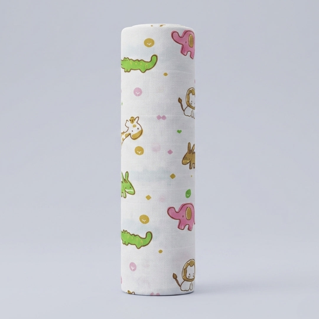 Organic muslin cotton swaddle blanket with animal print by Lazytoddler