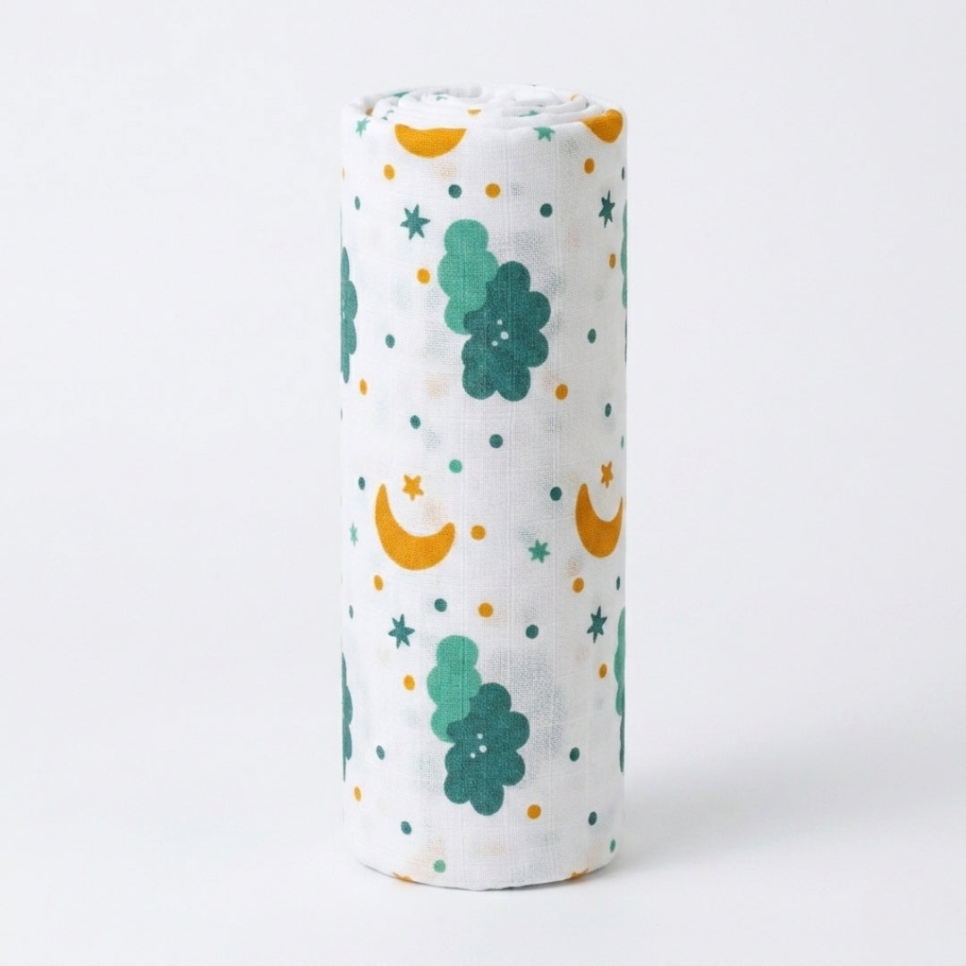 Rolled-up swaddle with moon, star, and flower patterns on a white background