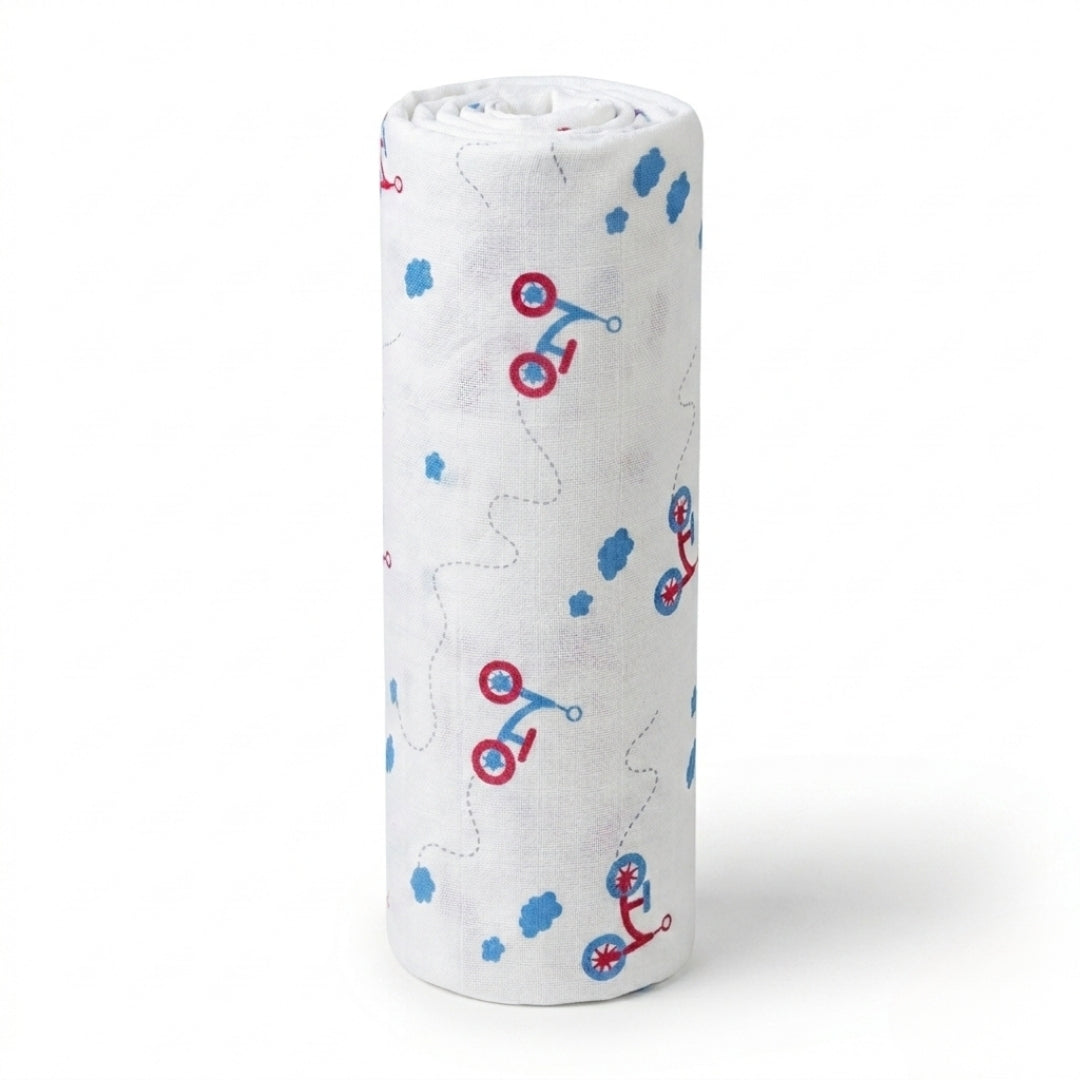 Organic muslin cotton swaddle blanket with cycle print by Lazytoddler