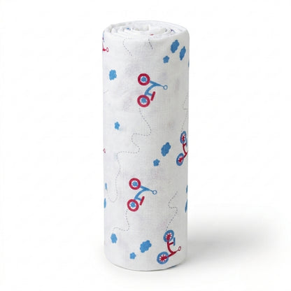 Organic muslin cotton swaddle blanket with cycle print by Lazytoddler