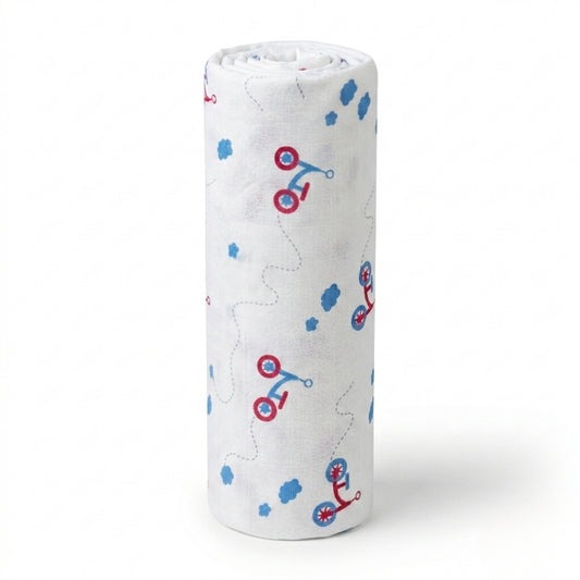 Organic muslin cotton swaddle blanket with cycle print by Lazytoddler