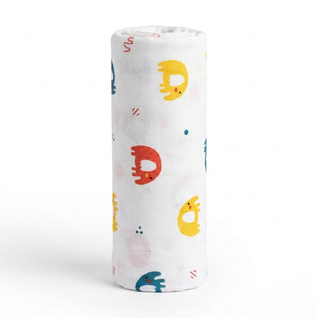 Rolled-up elephant swaddle with colourful animal prints on a white background