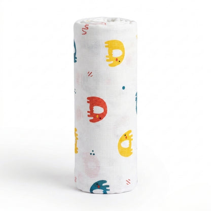 Rolled-up elephant swaddle with colourful animal prints on a white background